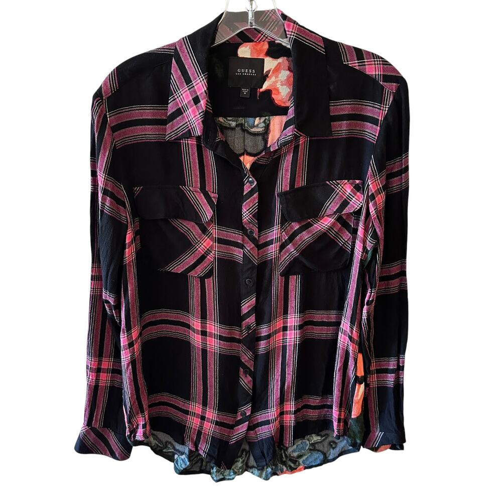 Guess Mixed Print Top Womens Medium Black Pink Plaid Floral Boho Button Shirt - Picture 2 of 8